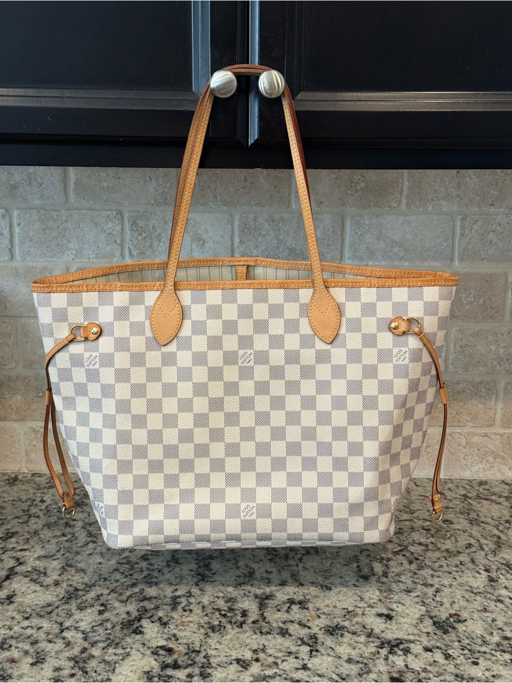 Louis Vuitton Damier Azur Neverfull Tote in Cream and Light Gray with Tan Trim